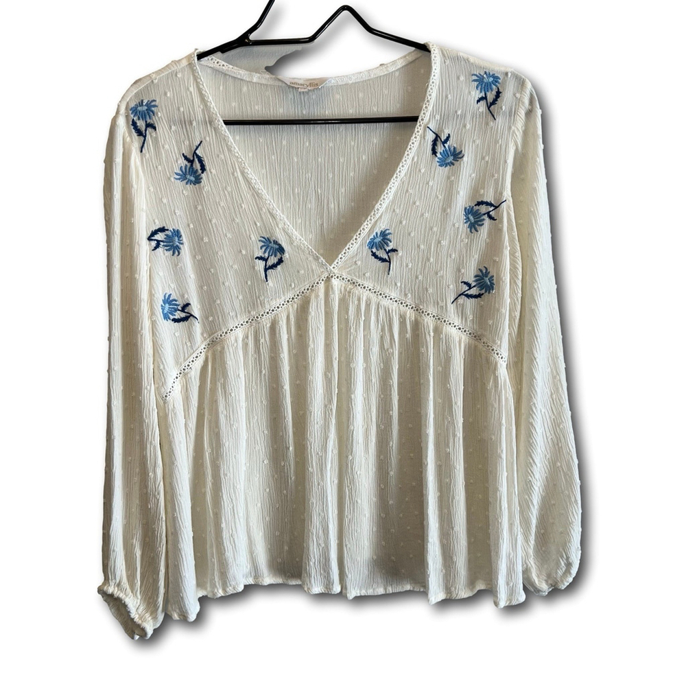 Amaryllis Clip Dot V-Neck Embroidered Blue Flowers Peasant Blouse Cream Size XS